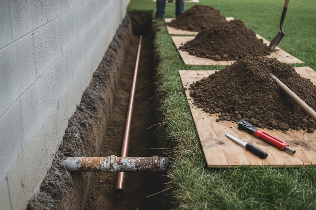 Excavated water line trench during Sewer Line Repair in Goodland
